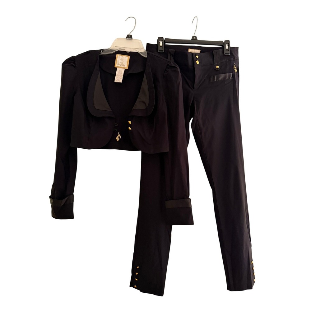 Vtg Baby Phat 2 Piece Pant Set Black Gold Studded Cropped Jacket Pants Sz L 7